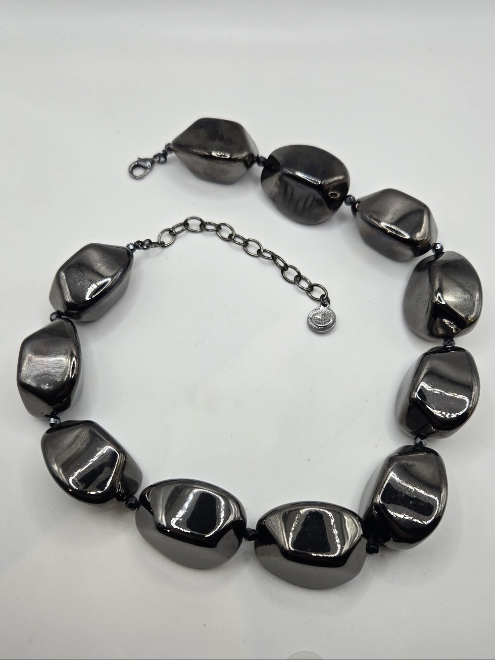 Chunky Faux Hematite Necklace Graziano Gunmetal Primitive 21" VINTAGE 80s 90s